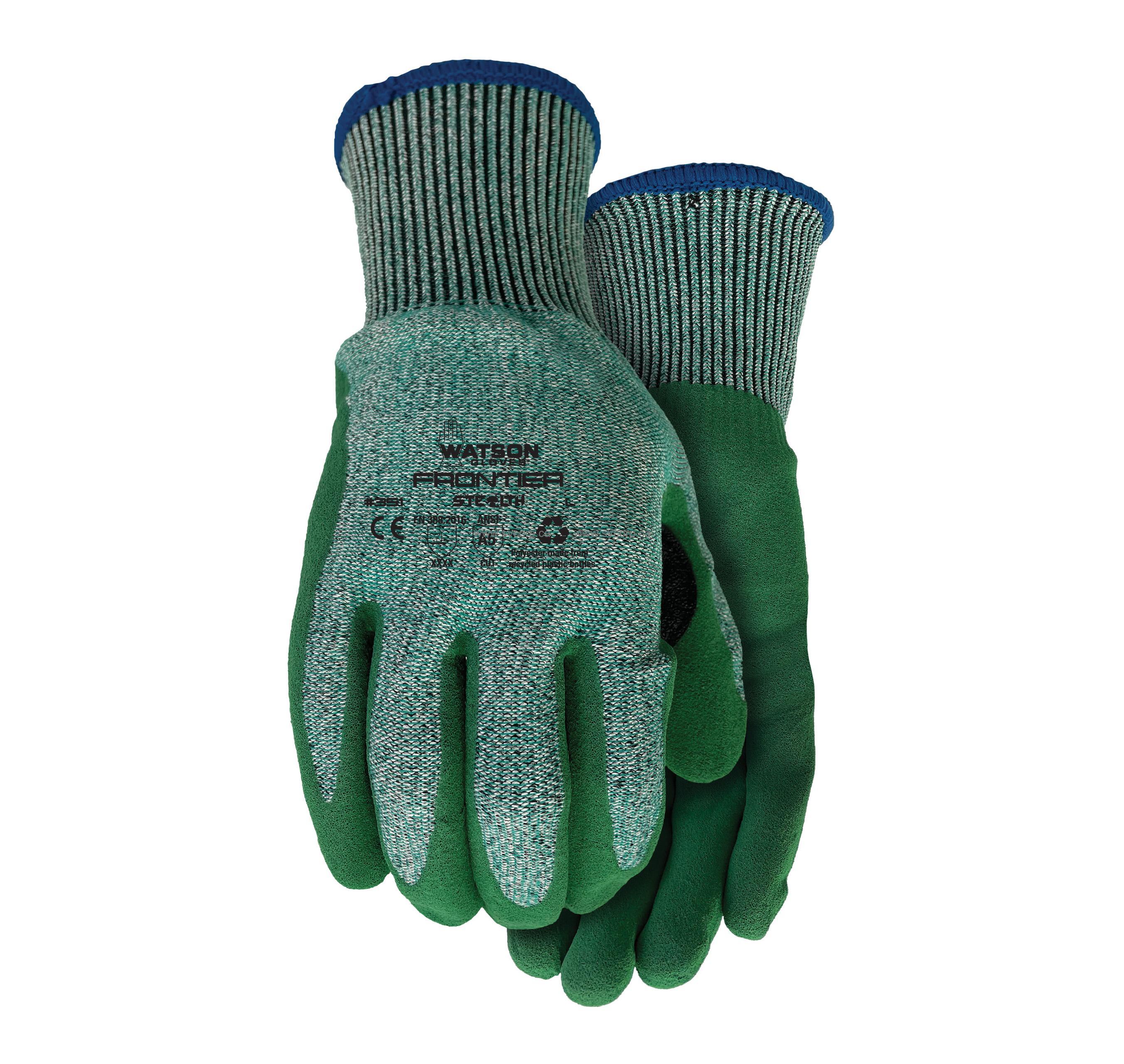 Watson 351 Stealth Frontier, Cut Resistant Gloves, Natural Rubber Latex  Coated Palm, WasteNot Seamless Knit Shell, Cut A5, Green, Pair, Large  (351-L)